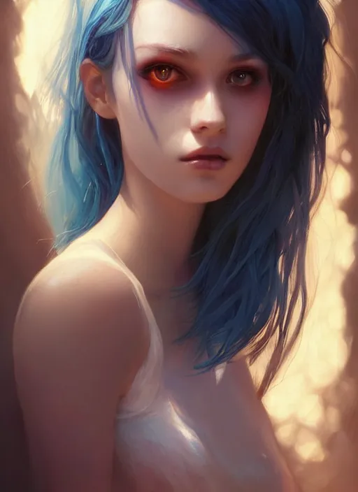 Prompt: girl with unkempt blue hair, beautiful highly detailed face, complementary lighting, backlit, eyeshadow, divine, beautiful painting by artgerm and greg rutkowski and raymond swanland