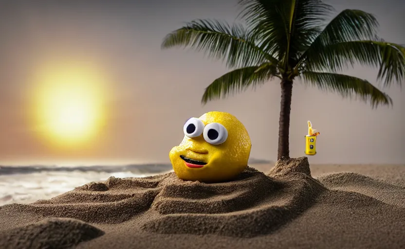 Image similar to 5 0 mm photograph, of a real anthropomorphic lemon character, with lemon skin texture, it is wearing a hat and scuba diving, building a sandcastle on the beach at sunset, beach, huge waves, sun, clouds, tropical trees, rim light, cinematic photography, professional, sand, sandcastle, volumetric lightening