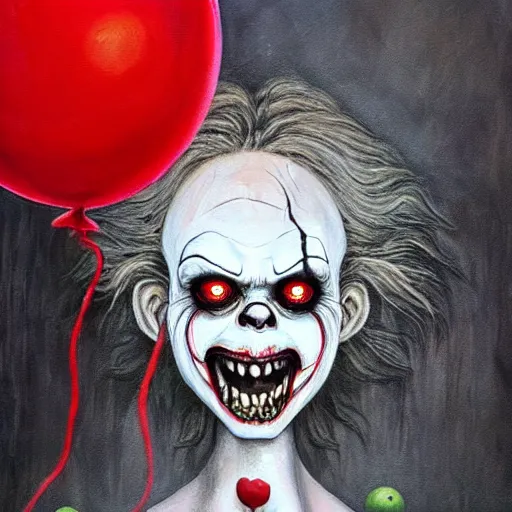 Prompt: grunge painting of a wendigo with a wide smile and a red balloon by chris leib, loony toons style, pennywise style, corpse bride style, horror theme, detailed, elegant, intricate