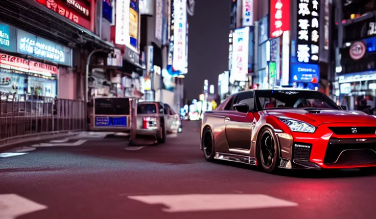 Prompt: wideshot of a nissan skyline gtr driving in tokyo at night, highly detailed, 4k photo, shot with sony alpha