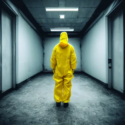 Image similar to a man wearing a yellow hazmat suit inside the very dark lighting empty unsettling creepy backrooms, liminal space, eerie mood, horror movie scene