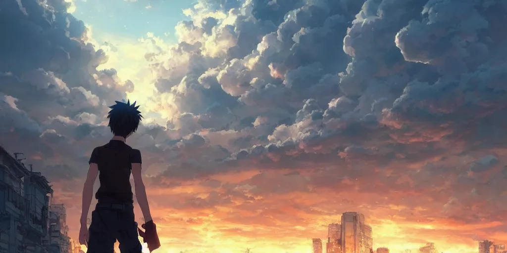 Prompt: anime character in front of an apocalyptic city and the clouds are burning, hyperrealistic, trending on pixiv fanbox, painted by greg rutkowski makoto shinkai takashi takeuchi studio ghibli, akihiko yoshida