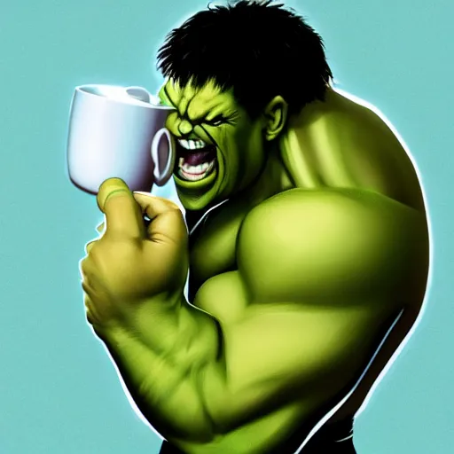 Prompt: Hulk politely drinking tea, HD, featured on artstation