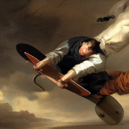 Prompt: close up skateboarder lying painting dynamic very very detailed by hubert robert balanced cinematic