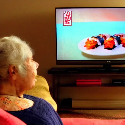 Image similar to grandmas watching sushi on the tv