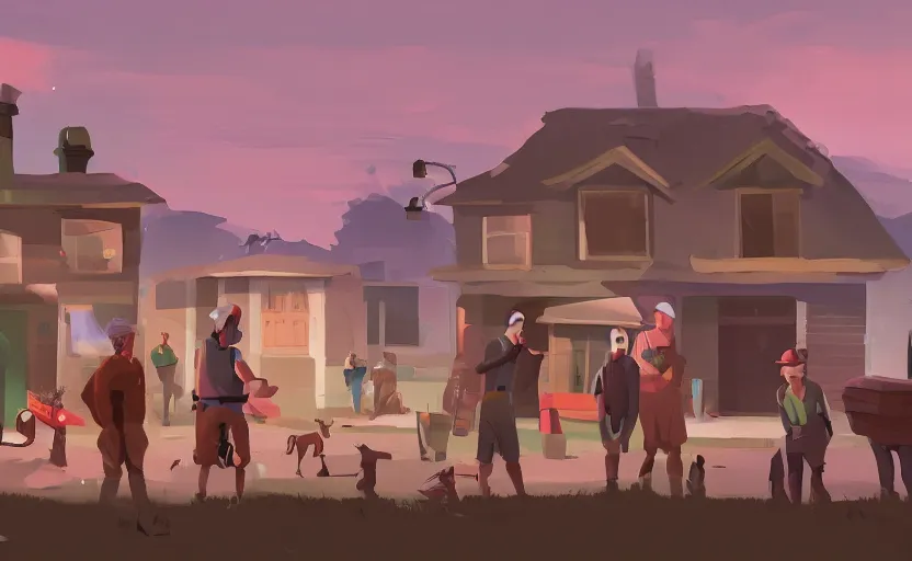 Prompt: a group of village farmers meet a local detective to outside his house, focus on the detective, james gilleard, print, game art