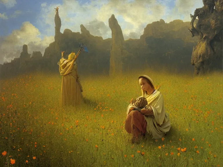 Prompt: an oil painting of a sacred sculpture in a vivid meadow on a beautiful morning by beksinski carl spitzweg and tuomas korpi. baroque elements, full-length view. baroque element. intricate artwork by caravaggio. Trending on artstation. 8k