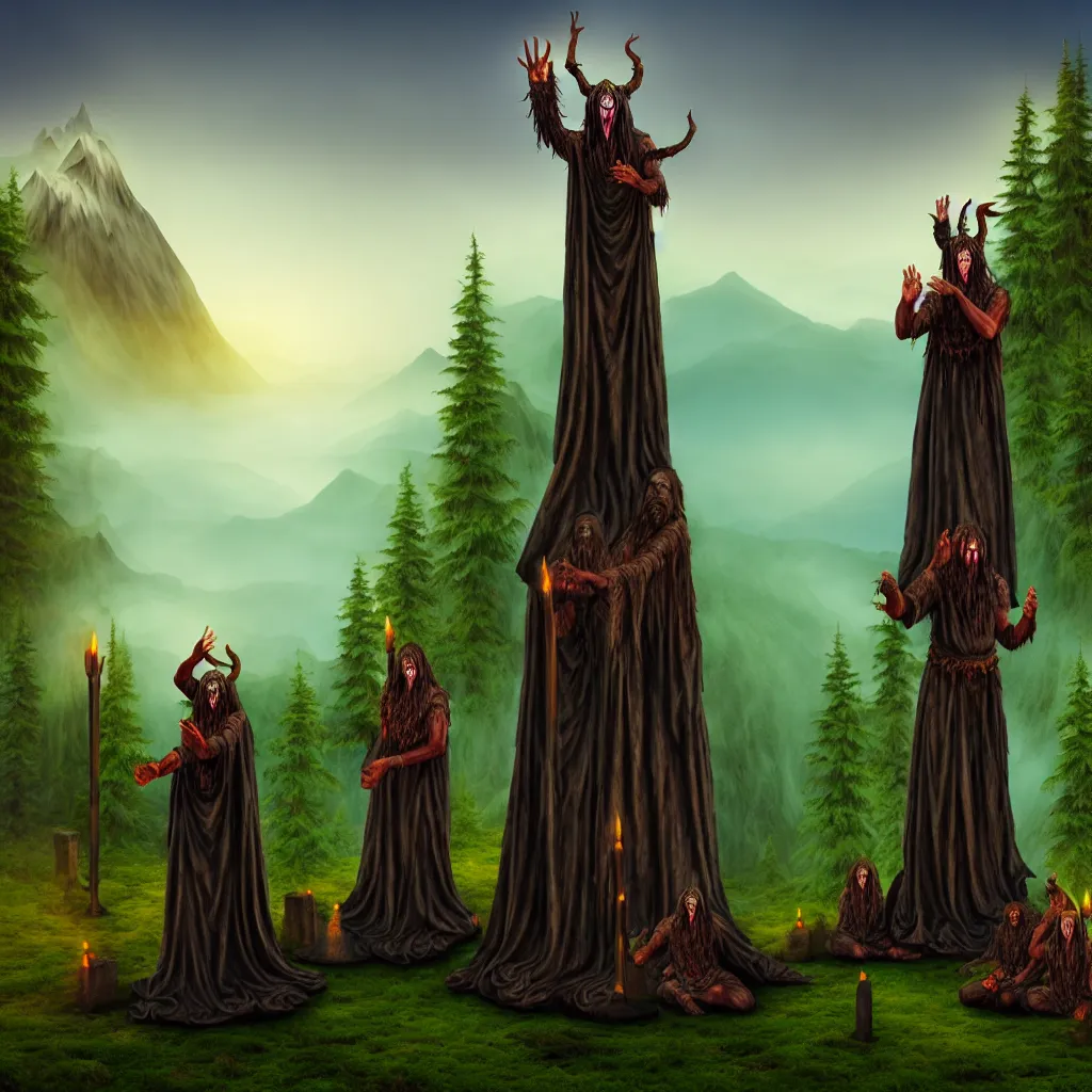 Prompt: evil druids performing a ritual around a wooden statue, mountain background, a detailed matte painting, fantasy, foggy