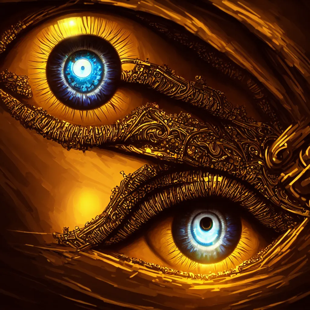 Prompt: Hypnotizing iris of a cybernetic human eye, ornate, dynamic lighting, golden ratio, higly detailed, concept art, sharp focus, 4k, symmetry, in the style of noah bradley,