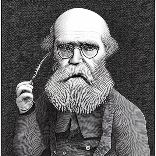 Image similar to Charles Darwin smoking a joint, escher style, portrait