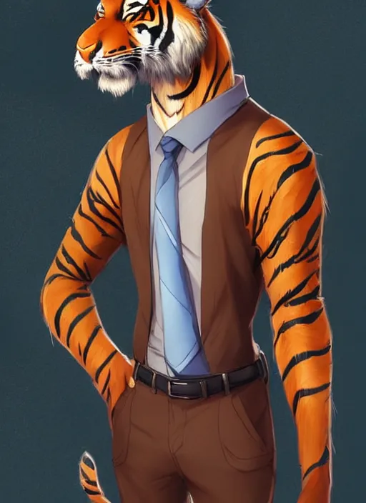 Image similar to character portrait of a male anthro Tiger fursona wearing a dress shirt and slacks in a futuristic city. Character design by charlie bowater, ross tran, artgerm, and makoto shinkai, detailed, inked, western comic book art