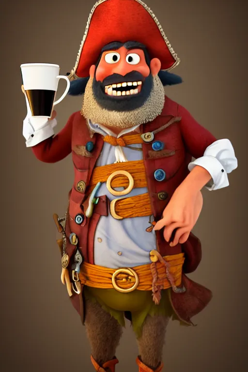 Image similar to portrait of the pirate blackbeard very expressive holding a cup of coffee, full body with a pirate ship on background. pixar disney 4 k 3 d render funny animation movie oscar winning trending on artstation and behance. ratatouille style.