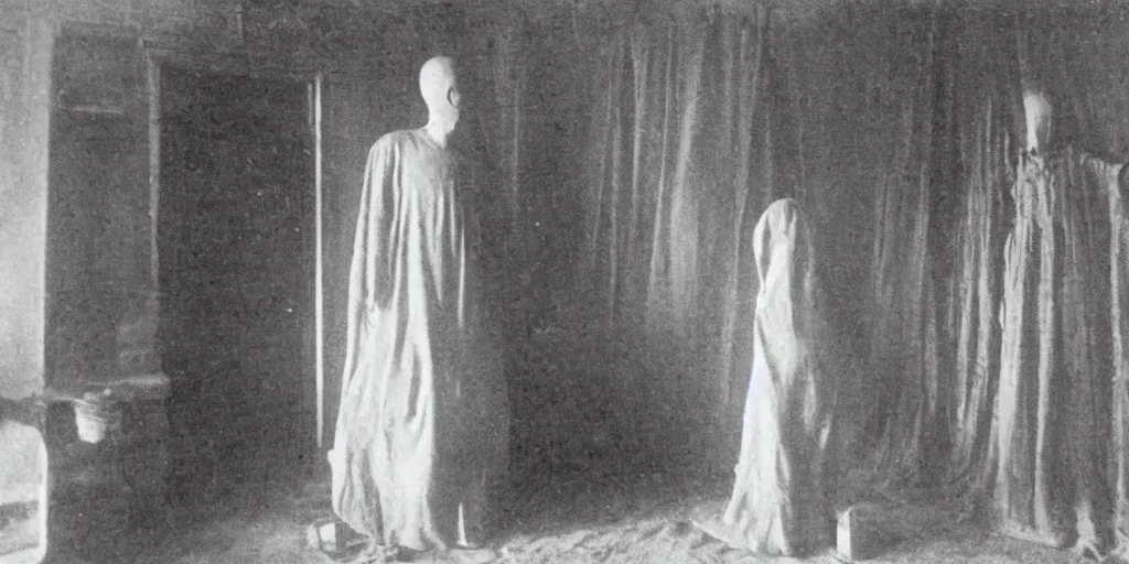 Prompt: scary unproportionable tall ghost creature inside a house, 1900s picture