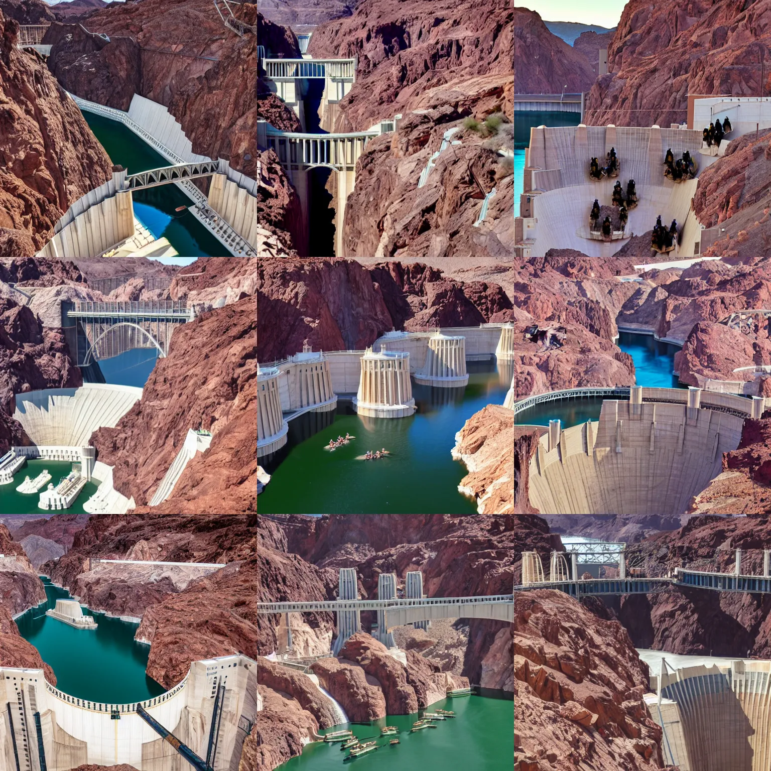 Prompt: an group of beavers climbing up the grand hoover dam