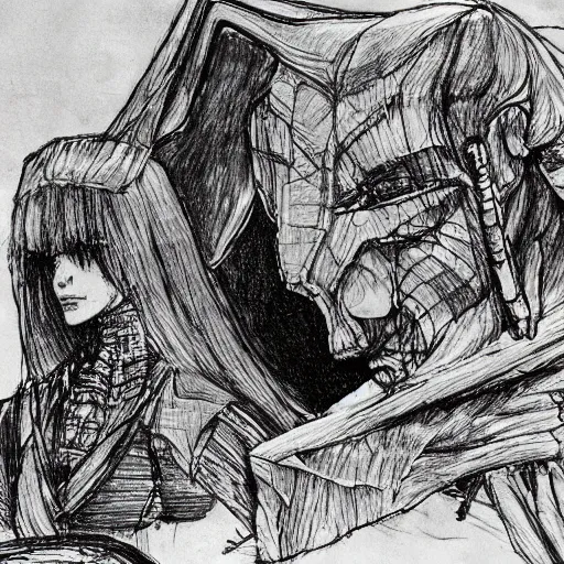 Prompt: oedipus and the sphinx drawing by tsutomu nihei