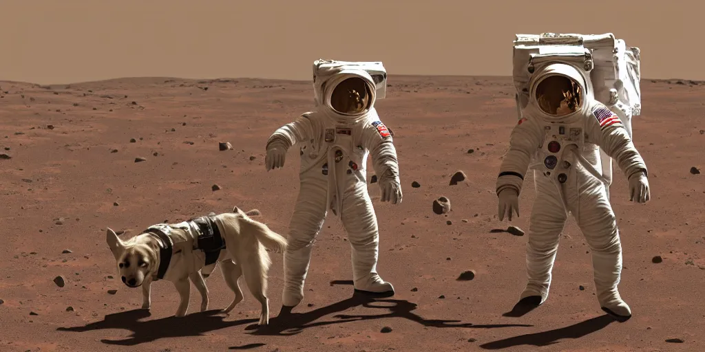 Image similar to two dog astronauts on the surface of Mars, each of the dogs is wearing a space suit. one of the dogs is planting a flag in the ground, 4k, highly detailed, historic photograph