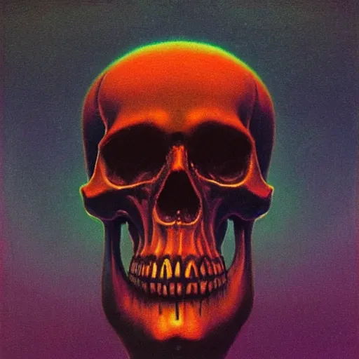 Image similar to psychedelic skull in the style of Zdzisław Beksiński,