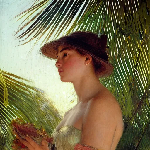 Image similar to a ultradetailed beautiful painting of a girl in the amazonas palace designed by jules bastien - lepage, hans belmer, frank weston and gustave baumann, beach, trending on artstation, mediterranean, palm trees, light sparkles, sharp focus, soft light, 8 k 4 k