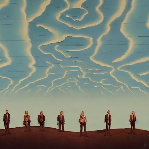 Prompt: a painting of a group of people standing on top of a hill, a surrealist painting by jeffrey smith, trending on artstation, psychedelic art, apocalypse landscape, dystopian art, apocalypse art