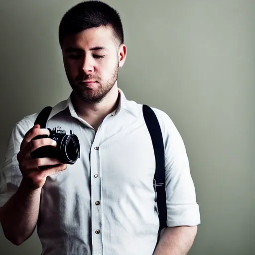 Prompt: stunning commercial self portrait of the photgrapher with his camera, muted colors, beautiful composition, 85mm f1.8