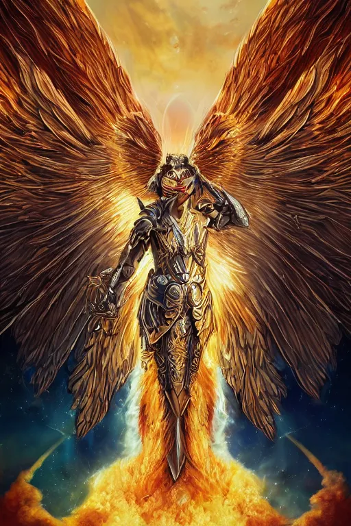 Image similar to A beautiful fierce llama angel with wings, wearing metal battle armor and a flaming sword, among heavenly sunlit clouds, symmetric, winged, close-up, intricate anthro llama portrait, elegant, digital llama painting, golden hour photo, cinematic, trending on artstation, anthro concept art, smooth, sharp focus, llama, illustration, art by artgerm and Greg Rutkowski and Alphonse Mucha, daily deviation, llama llama, anthro art masterpiece