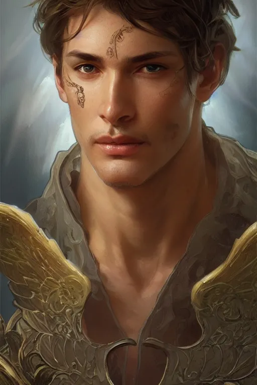 Image similar to up close portrait of a male angel, d & d, face, fantasy, intricate, elegant, highly detailed, digital painting, artstation, concept art, smooth, sharp focus, illustration, art by artgerm and greg rutkowski and alphonse mucha