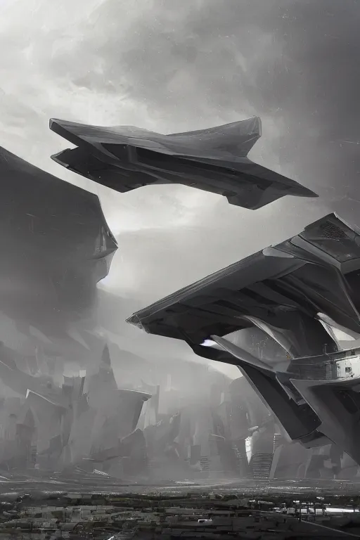 Image similar to professional landscape photograph of a large beautiful neo - futuristic matte symmetrical stealth bomber docked by monolith by joseph cross, denis villeneuve, emmanuel shiu, zaha hadid, vapor, stunning cinematic architectural scale, dramatic, volumetric, concept art, hard surface, hyperrealism, very high detail, trending on artstation, sharp focus, rendered in octane