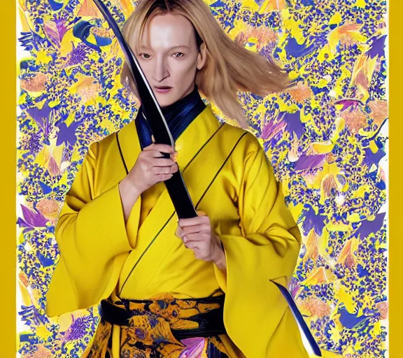 Image similar to breathtaking detailed pattern pastel colors, action scene from kill bill, with uma thurman ( kill bill ) in yellow kimono, with hatori hanzo katana sword and autumn leaves, by hsiao - ron cheng, bizarre compositions, exquisite detail, enhanced eye detail