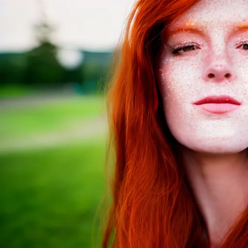 Image similar to close up portrait photo of the left side of the face of a redhead woman with galaxy of stars inside her eyes, she looks directly at the camera. Slightly open mouth, face covers half of the frame, with a park visible in the background. 135mm nikon. Intricate. Very detailed 8k. Sharp. Cinematic post-processing. Award winning photography