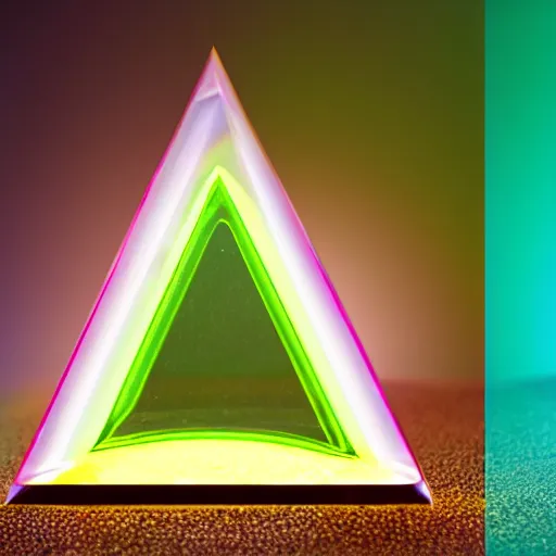Prompt: a glass triangle been hit by a light ray on the left and emitting a rainbow on the right, black background, psi graphics