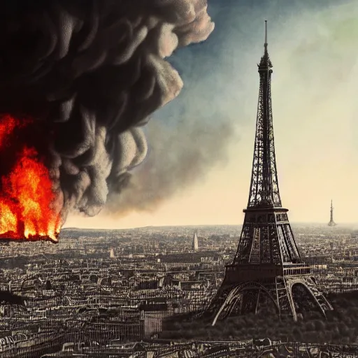 Image similar to the eifel tower gets hit by an asteroid, multiple asteroids are in the air, paris in the background is burning, apocalyptic, highly detailed, 4 k, digital paintin, sharp focus, tending on artstation