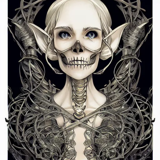 Prompt: anime manga skull profile young woman skeleton, elf, galadriel, Tolkien, unreal engine, intricate, elegant, highly detailed, digital art, art by JC Leyendecker and sachin teng