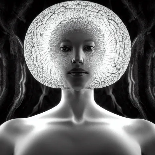 Image similar to mushroom goddess with extremely elegant headdress with group of elders in a ceremony for plant medicine, beautiful, hiroya oku, yoshitaka amano, alex grey, black and white, beautiful lighting, cinematic still, perfect render, 3 d render, unreal engine, 8 k