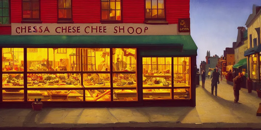 Image similar to a cheese shop window, by dan mumford and peter doig and edward hopper, highly detailed, dramatic lighting, 8 k