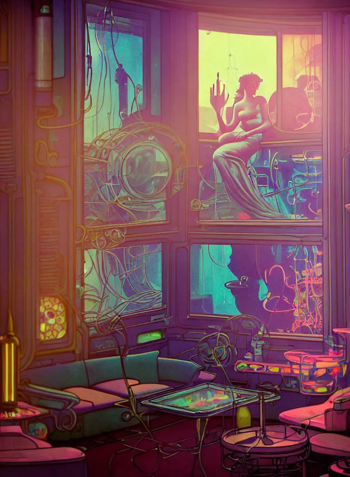 Image similar to telephoto 7 0 mm f / 2. 8 iso 2 0 0 photograph depicting the feeling of chrysalism in a cosy safe cluttered french sci - fi ( ( art nouveau ) ) cyberpunk apartment in a pastel dreamstate art cinema style. ( living room ) ( ( fish tank ) ), ambient light.