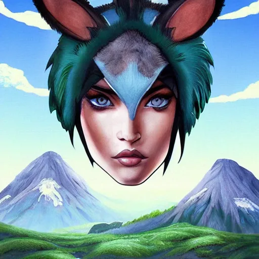 Image similar to “Megan Fox, portrait!!! Mononoke-hime style, cartoon, blue sky with white clouds green hills and mountains on the background, fantasy, photorealistic, concept Art, ultra detailed portrait, 4k resolution”