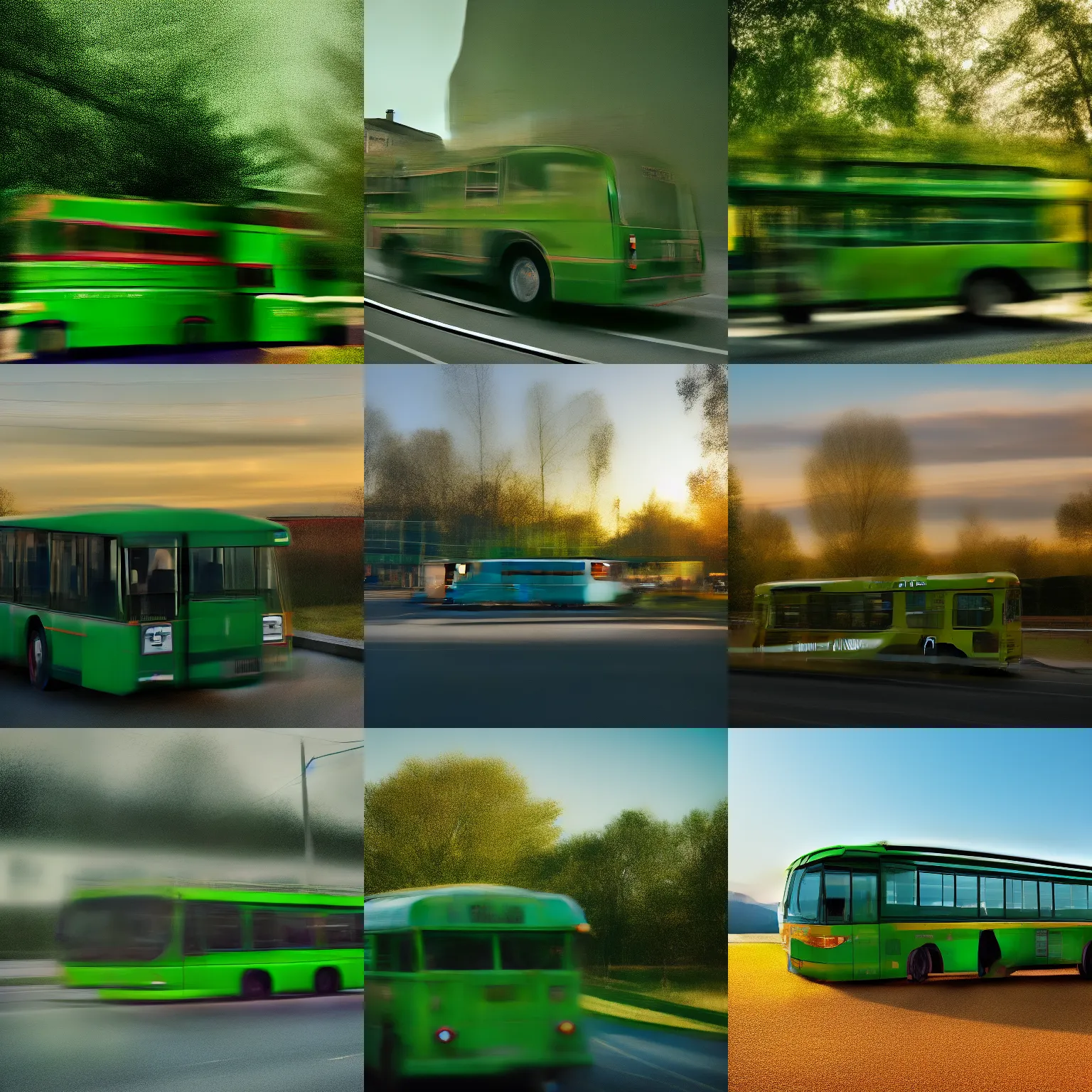 Prompt: a photo of a green bus, golden hour