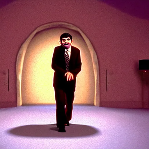 Image similar to mr. bean in tenacious d. movie still. cinematic lighting.