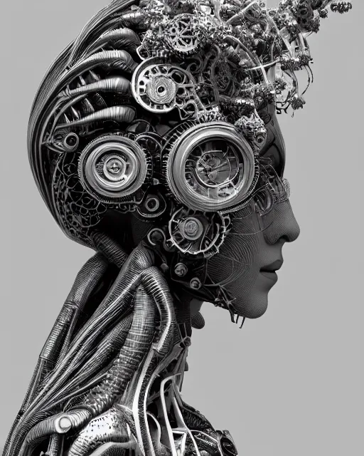 Image similar to mythical black and white organic bio-mechanical spinal ribbed profile face portrait detail of mechanical beautiful female angelic-vegetal-cyborg, highly detailed, intricate steampunk ornate, poetic, 3D render, digital art, octane render, 8K artistic photography, photo-realistic, by Dora Maar