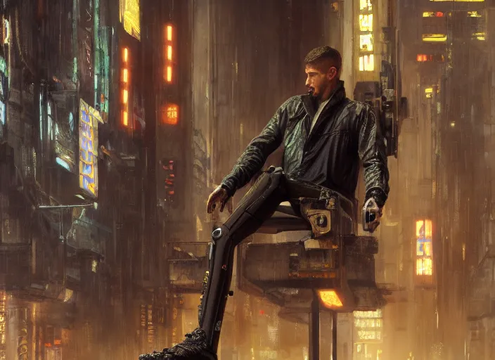 Image similar to blade runner with four robotic legs ( blade runner 2 0 4 9, dystopian, cyberpunk 2 0 7 7 character design ). orientalist portrait by john william waterhouse and james gurney and theodore ralli and nasreddine dinet, oil on canvas. cinematic, hyper realism, realistic proportions, dramatic lighting, high detail 4 k