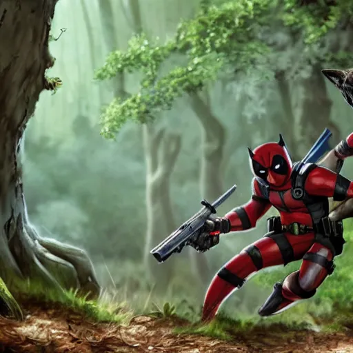 Prompt: rocket raccoon and deadpool in the woods digital art 4 k detailed super realistic