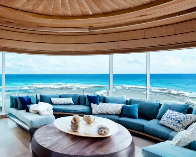 Prompt: A modern living room in a ocean hues style next to a big terrace overlooking the ocean, a luxurious wooden coffee table with large seashells on top in the center, amazing detail, 8k resolution, inspired by the ocean, calm, relaxed style, harmony, wide angle shot