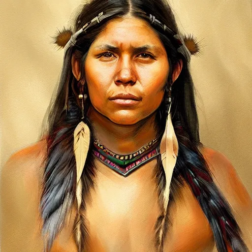 Prompt: Portrait painting of a native american female holding a spear, artstation