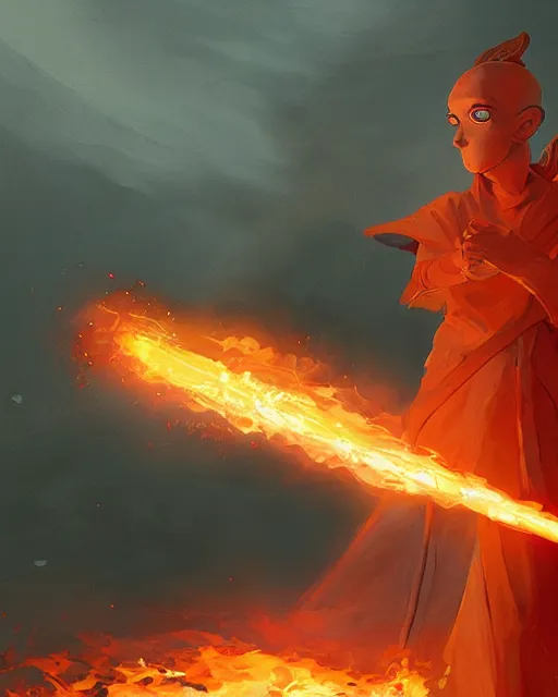 Image similar to tentacled [ [ squidward ] ] wearing fire nation clothing and practicing firebending outside at susnset, [ greg rutkowski ]