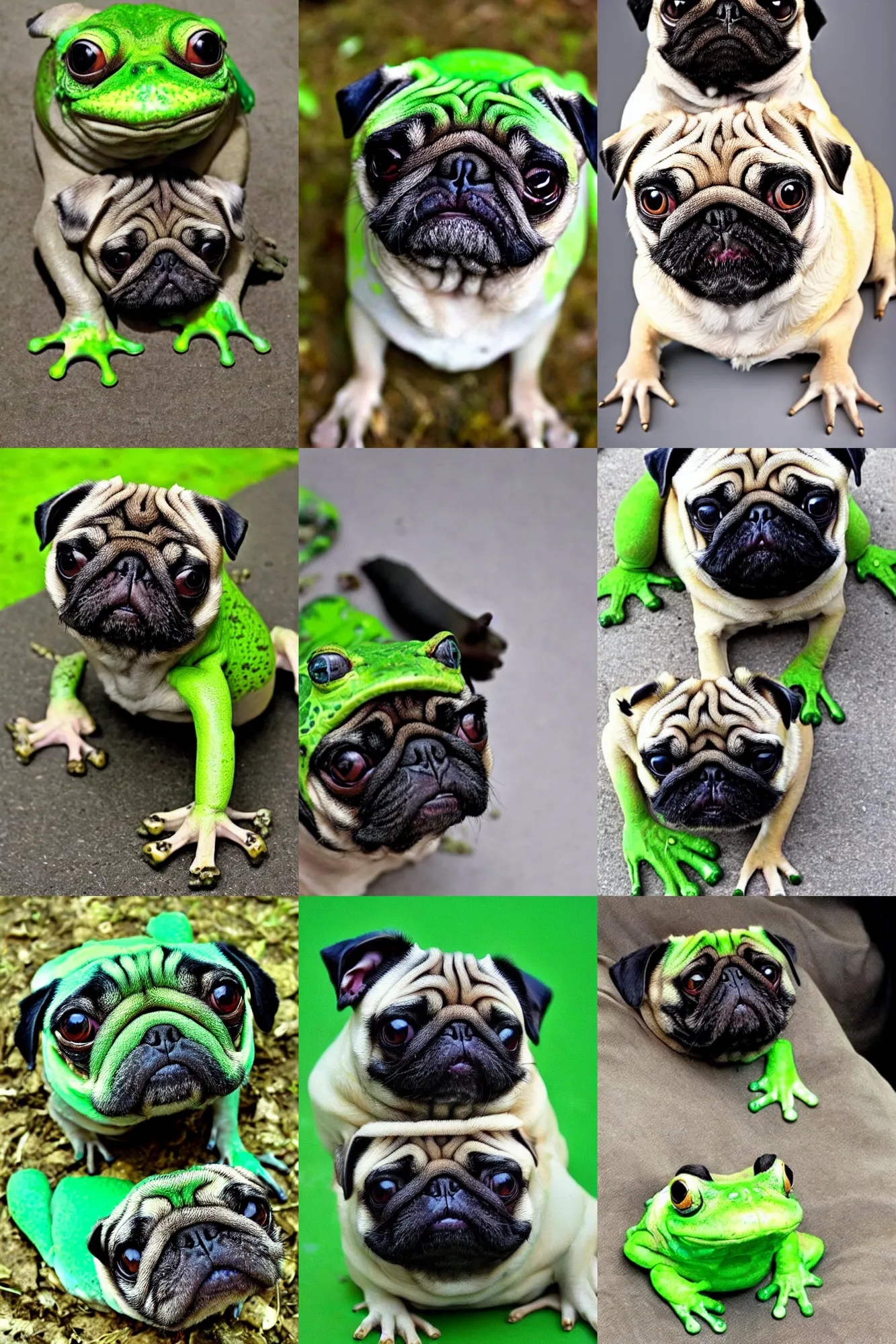 Prompt: a perfect hybrid between a pug and a frog!!!!!, green, amphibian