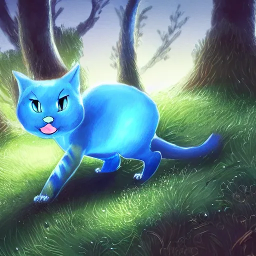 Image similar to illustration of glowing cute blue cat, field and tree, detailed concept art, artstation, warrior cats, shading,