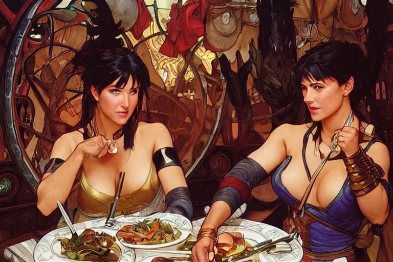 Image similar to xena warrior princess eating at a restaurant with a hispanic man art by artgerm and greg rutkowski and alphonse mucha