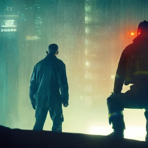 Image similar to bladerunner 2049 fire fighter dull muted colors emissives volumetric lighting rtx on intimidating Ryan Church beautiful cinematography Roger Deakins Jeremy Saulnier art station ue5