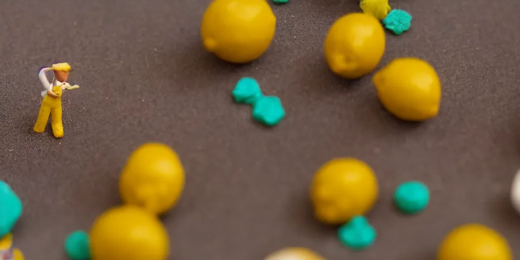 Image similar to a cinematic film still of a claymation stop motion film about a town made of lemons and candy, shallow depth of field, 8 0 mm, f 1. 8