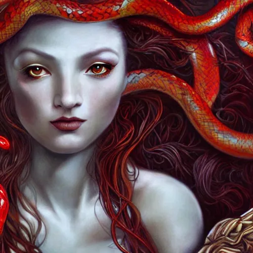 Image similar to realistic mythological greek medusa with red snakes on the head full body, by anna dittmann